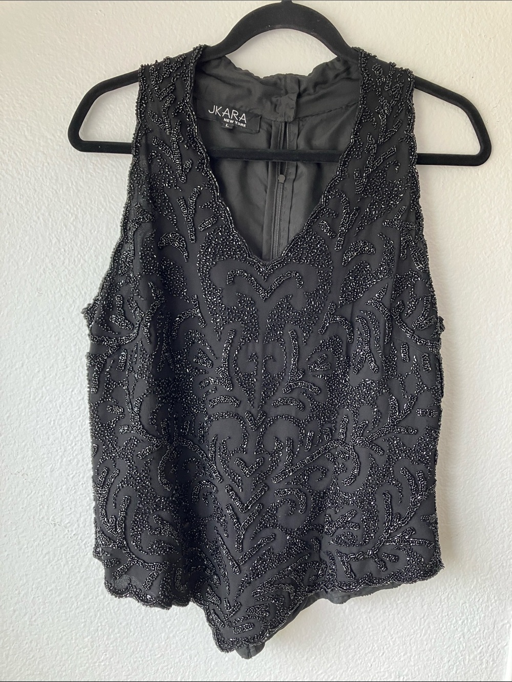 J Kara Black Beaded V-Neck Sleeveless Party Evening Event Top Large